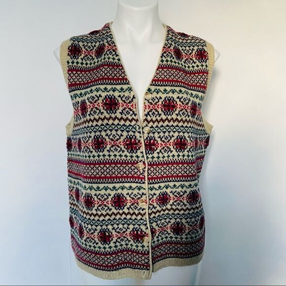 Vintage 70s Floral Embroidery  sweater Vest Faire Isle - Picture 5 of 12